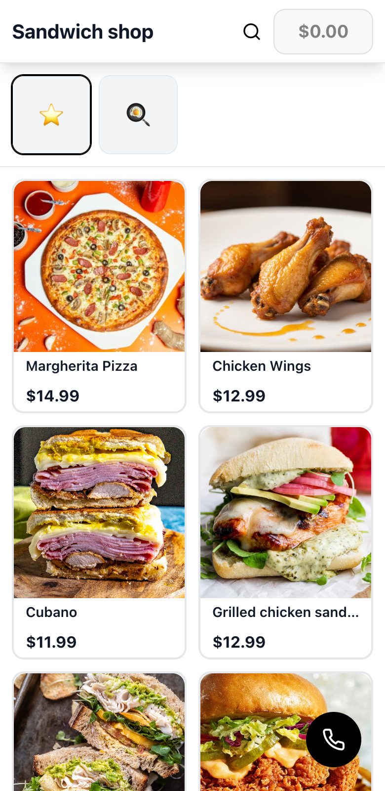 The same restaurant menu on a phone, with a button to call the AI phone agent